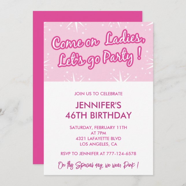 Hot pink 46th birthday invitations for her girly (Front/Back)