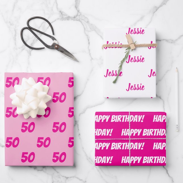 HOT PINK 50th Happy Birthday Custom Name Wrapping Paper Sheet (Front)