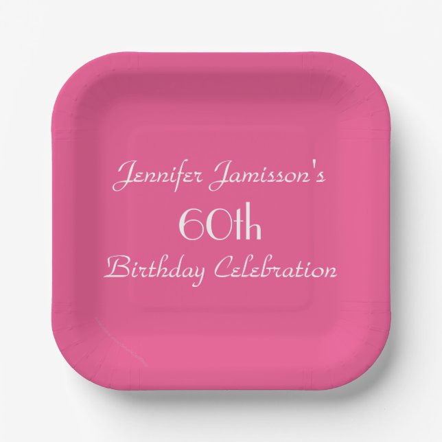 Hot Pink 60th Birthday Party Name Square Paper Plate (Front)