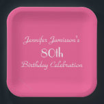 Hot Pink, 80th Birthday Party, Name, Simple Square Paper Plate<br><div class="desc">A solid hot pink background decorates this simple, minimalist birthday party paper plate. Although default says "80th Birthday", you can easily change the text for name, # of years, and event. Choose round or square. Very feminine and girly! Matching paper napkins available on zazzle at SocolikCardShop. All Rights Reserved ©...</div>