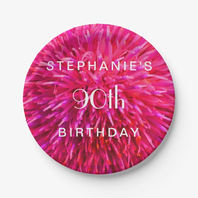 Hot Pink Abstract Paper Plates 90th Birthday Party (Front)