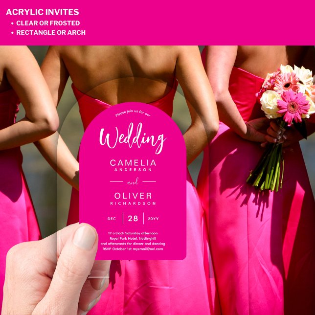 Hot Pink Acrylic Wedding Invites White Text Modern Acrylic Invitations (Creator Uploaded)