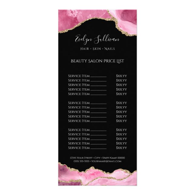 hot pink agate on black price list rack card (Front)