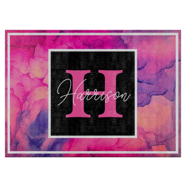 Hot Pink Alcohol Ink Monogram Personalized Cutting Board (Front)