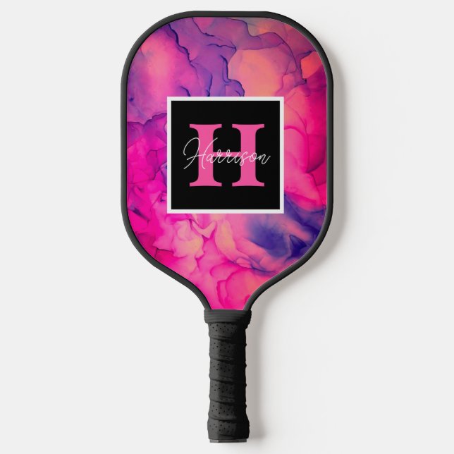 Hot Pink Alcohol Ink Monogram Personalized  Pickleball Paddle (Front)