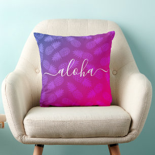 Hot Pink Aloha Script Pineapple Pattern Tropical Throw Pillow