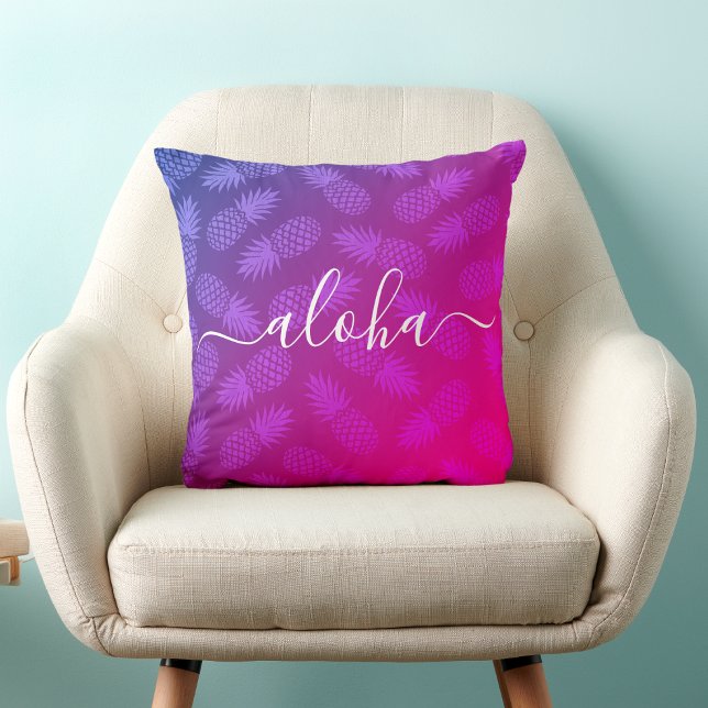 Hot Pink Aloha Script Pineapple Pattern Tropical Throw Pillow (Creator Uploaded)