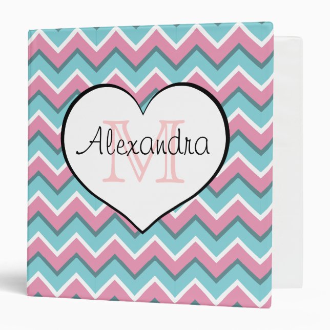 hot pink and aqua blue zigzag pattern monogram 1'5 binder (Front/Inside)