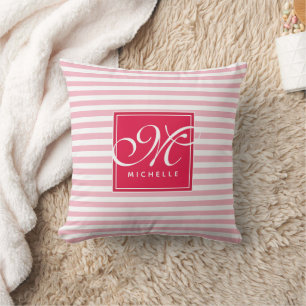 Hot Pink and Baby Pink Striped - Script Monogram Throw Pillow