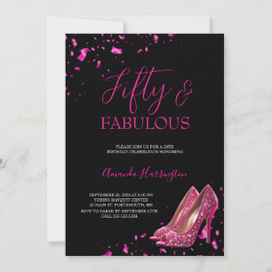 Hot Pink and Black 50 and Fabulous 50th Birthday Invitation