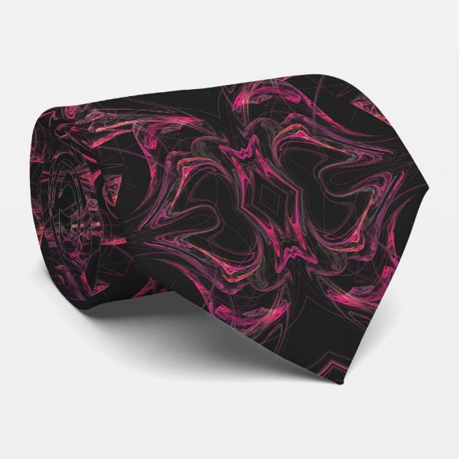 Hot Pink and Black Abstract Fractal Necktie (Rolled)