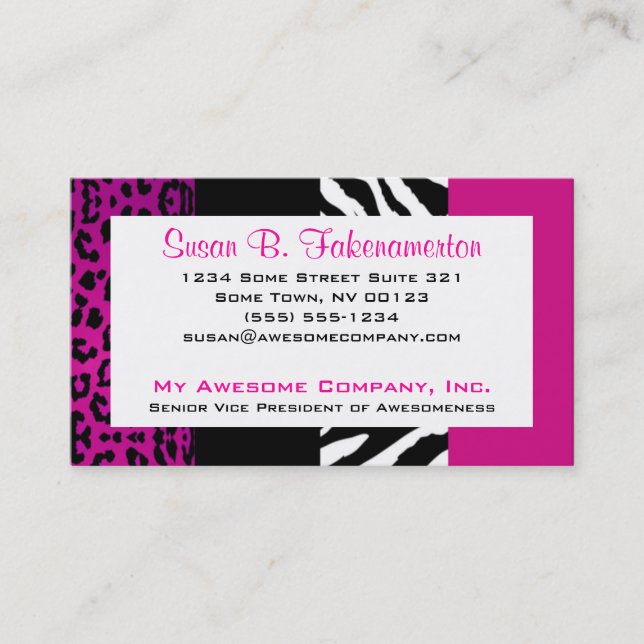Hot Pink and Black Animal Print Zebra and Leopard Business Card (Front)