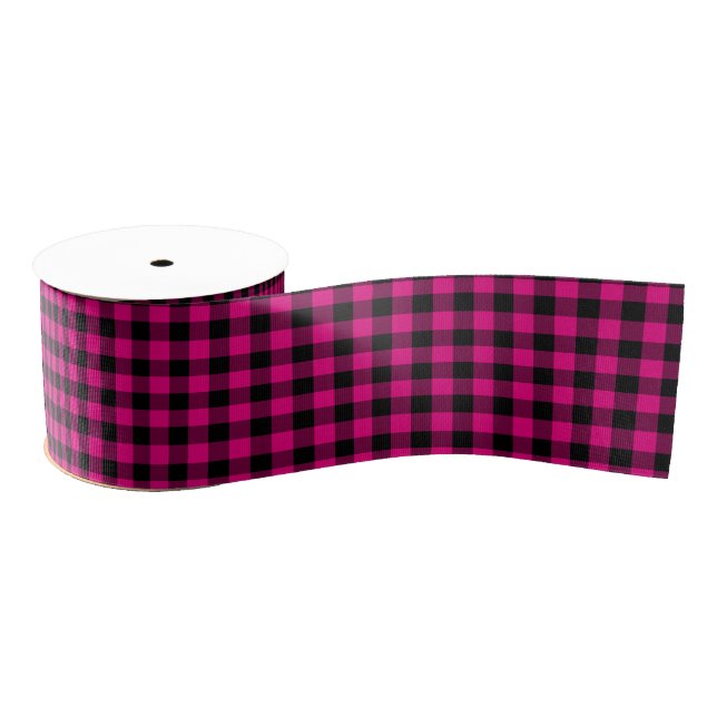 Hot Pink and Black Buffalo Plaid Grosgrain Ribbon (Spool)