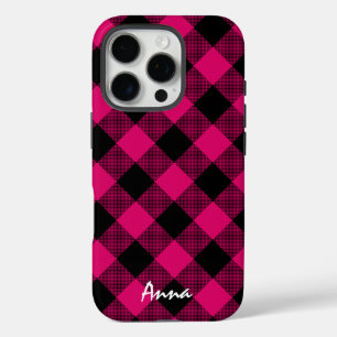 Hot Pink and Black Buffalo Plaid Personalized iPhone 16 Pro Case