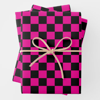 Hot Pink and Black  Checkered Print  Wrapping Paper Sheet