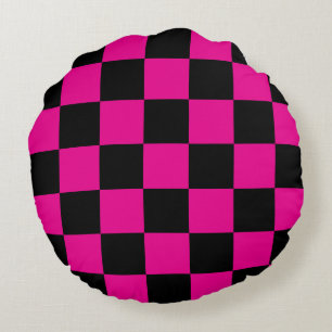 Hot Pink and Black Checkered Round Pillow