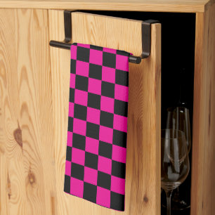 Hot Pink and Black Chequered Print Kitchen Towel