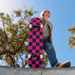 Hot Pink and Black Chequered Print Skateboard