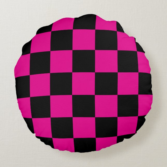 Hot Pink and Black Chequered Round Pillow (Back)