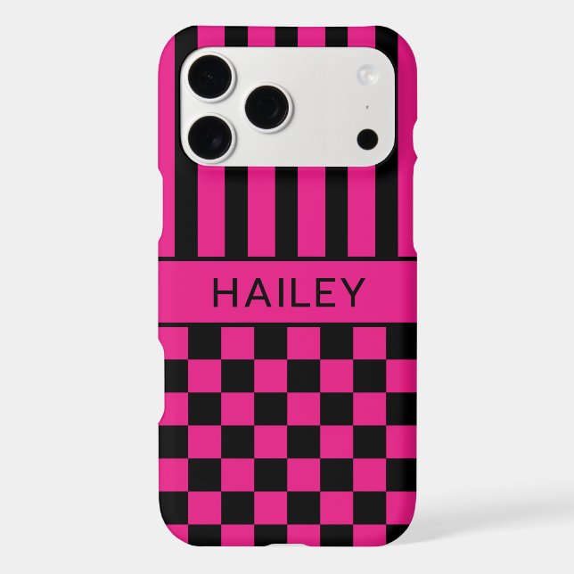 Hot Pink and Black Chequered Striped Personalized (Back)