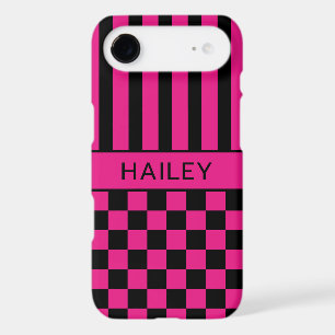 Hot Pink and Black Chequered Striped Personalized