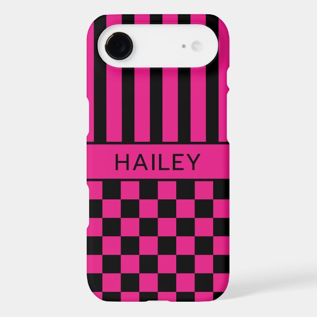 Hot Pink and Black Chequered Striped Personalized (Back)