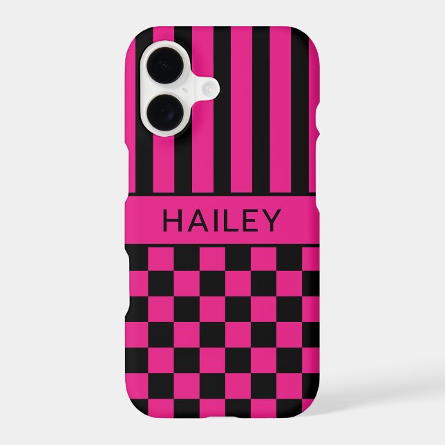 Hot Pink and Black Chequered Striped Personalized (Back)