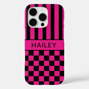 Hot Pink and Black Chequered Striped Personalized iPhone 16 Pro Case