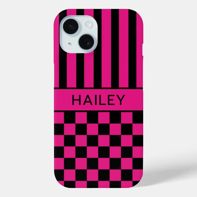 Hot Pink and Black Chequered Striped Personalized Case-Mate iPhone Case (Back)