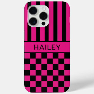 Hot Pink and Black Chequered Striped Personalized iPhone 15 Pro Max Case