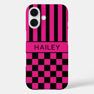Hot Pink and Black Chequered Striped Personalized iPhone 16 Case