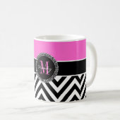 Hot Pink and Black Chevron Monogram Coffee Mug (Front Right)