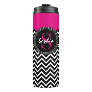 Hot Pink and Black Chevron Name and Monogram Thermal Tumbler