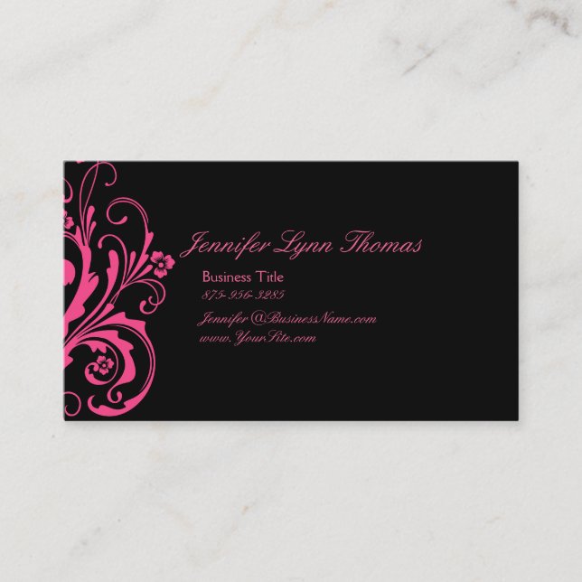 Hot Pink and Black Chic Flourish Business Card (Front)