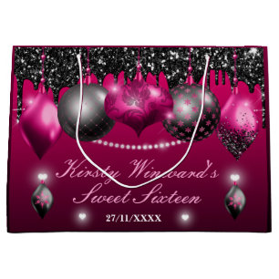 Hot Pink and Black Christmas Ornament Sweet 16 Large Gift Bag