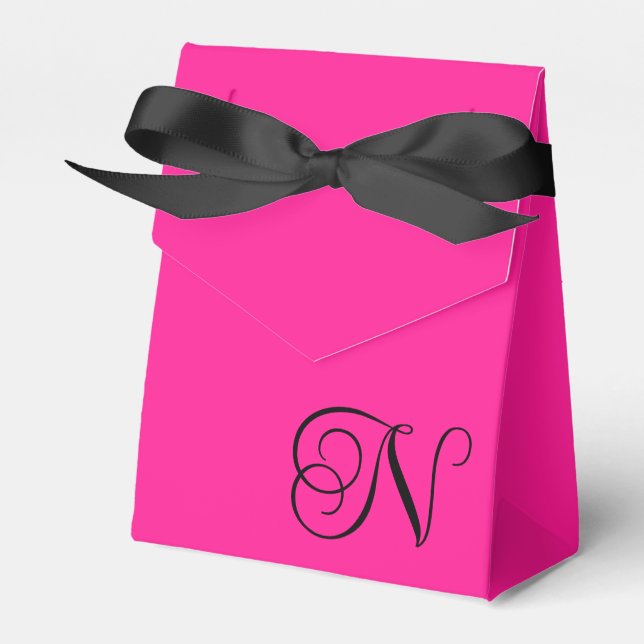 Hot Pink and Black Curly Script Monogram Favor Box (Front Side)