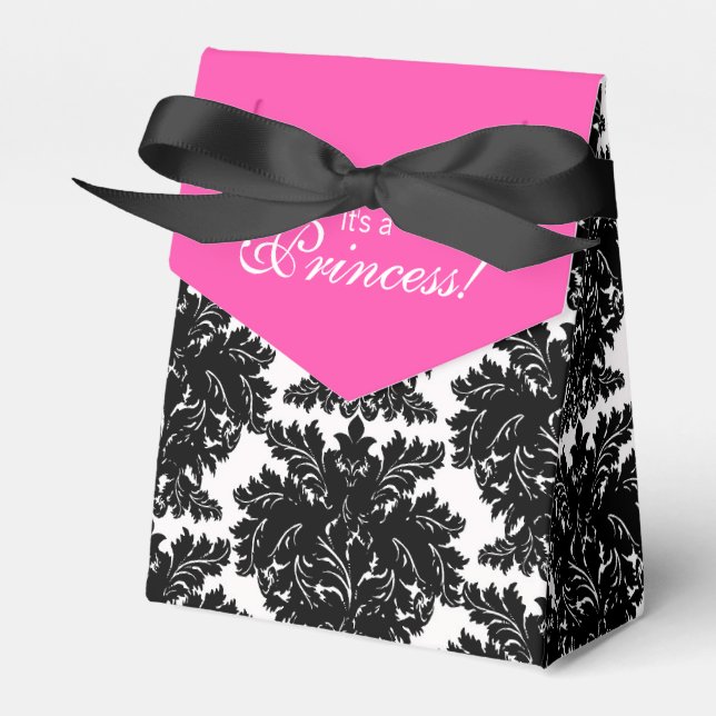 Hot Pink and Black Damask Baby Shower Favor Box (Front Side)