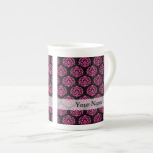 Hot pink and black damask bone china mug