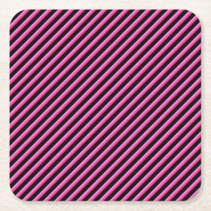 Hot Pink and Black Diagonal Striped Square Paper Coaster
