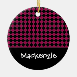 Hot Pink and Black Diamonds Custom Name Ceramic Ornament