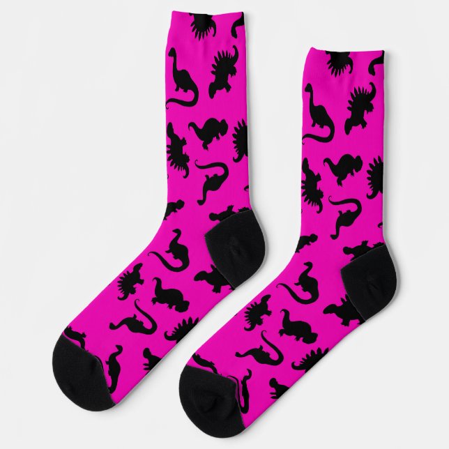 Hot Pink and Black Dinosaur Silhouette Socks (Left)
