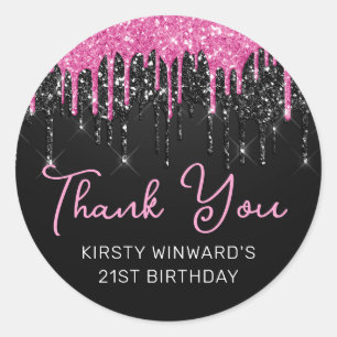 Hot Pink and Black Dripping Glitter Birthday Classic Round Sticker