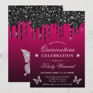 Hot Pink and Black Dripping Glitter Quinceanera Invitation