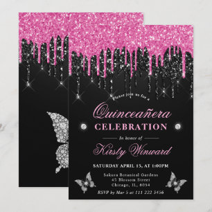 Hot Pink and Black Dripping Glitter Quinceanera Invitation