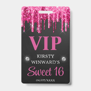 Hot Pink and Black Dripping Glitter Sweet Sixteen Badge
