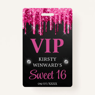 Hot Pink and Black Dripping Glitter Sweet Sixteen Badge