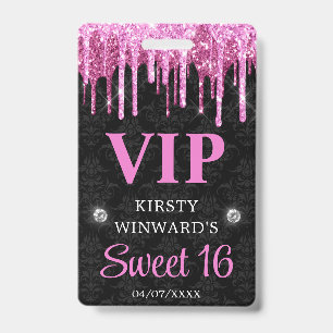 Hot Pink and Black Dripping Glitter Sweet Sixteen Badge
