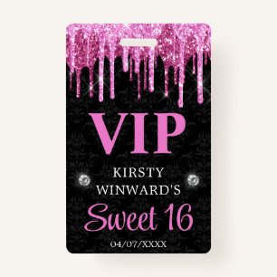 Hot Pink and Black Dripping Glitter Sweet Sixteen Badge