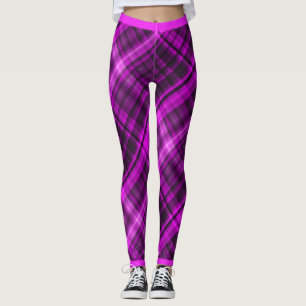 Hot Pink And Black Fashion Diagonal Madras Pattern Leggings