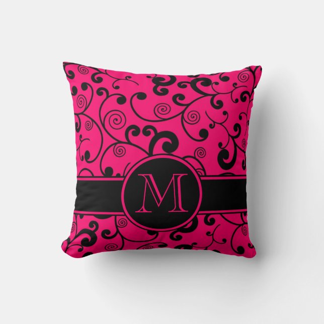Hot Pink and Black Filigree Scroll with Monogram Throw Pillow (Front)